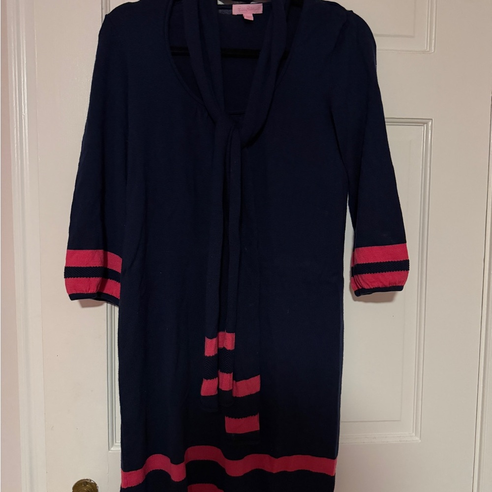 Lilly Pulitzer Navy Dress with Pink Stripes and Scarf